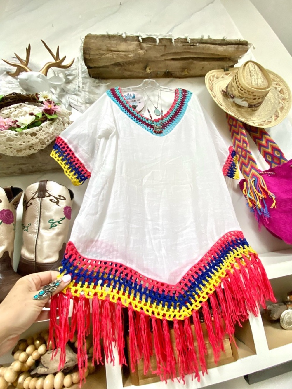 Granny fringe crochet boho tunic dress cover up w hippy Gypsy beach vibe